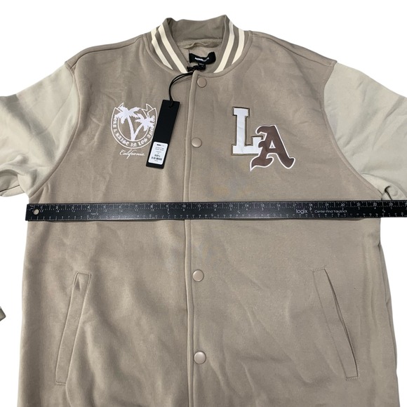 Fashion Nova Men LA Palm Tree Varsity Jacket Tan Letterman CKMG340F Large NWT - Picture 9 of 11